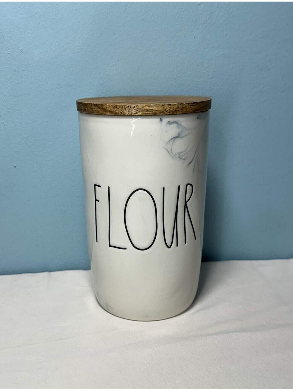 Marbled Rae Dunn by Magenta FLOUR Canister w/Wood Lid Ceramic White Artisan